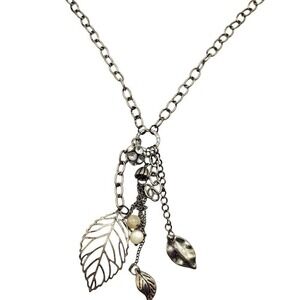 VTG Leaf Charm Y Necklace 28" Silver Tone Rhinestone Accent Fashion 80s‎ Jewelry